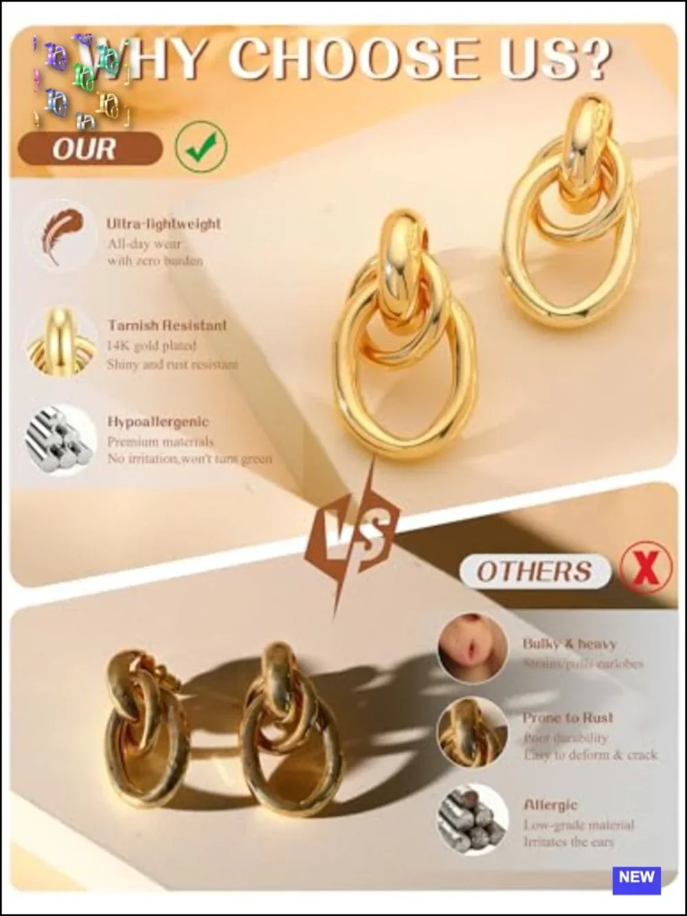 14K Gold Plated Chunky Knot Drop Dangle Earrings Hypoallergenic Lightweight